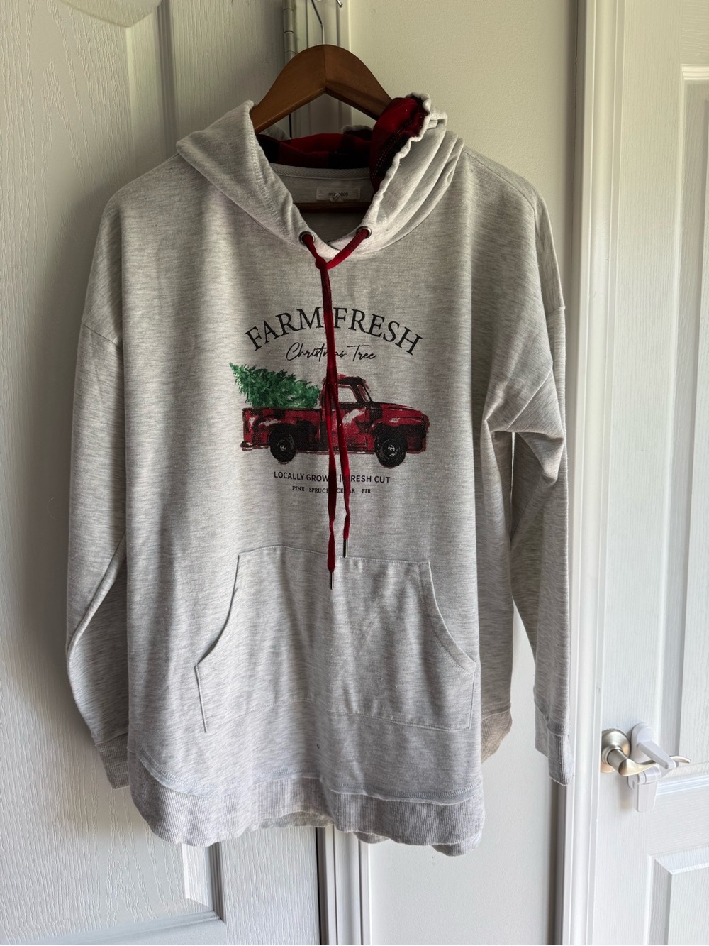 Maurices Light Gray Christmas Hoodie with Red Truck Graphic
